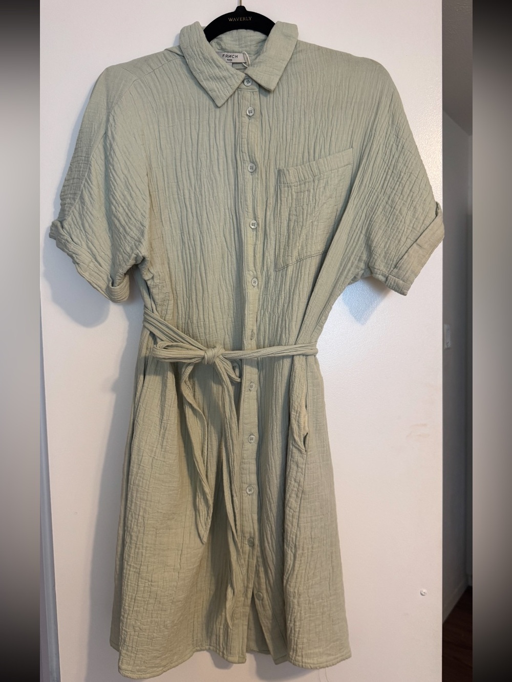 Frnch Button-Front Shirt Dress with Waist Tie - Sage Green